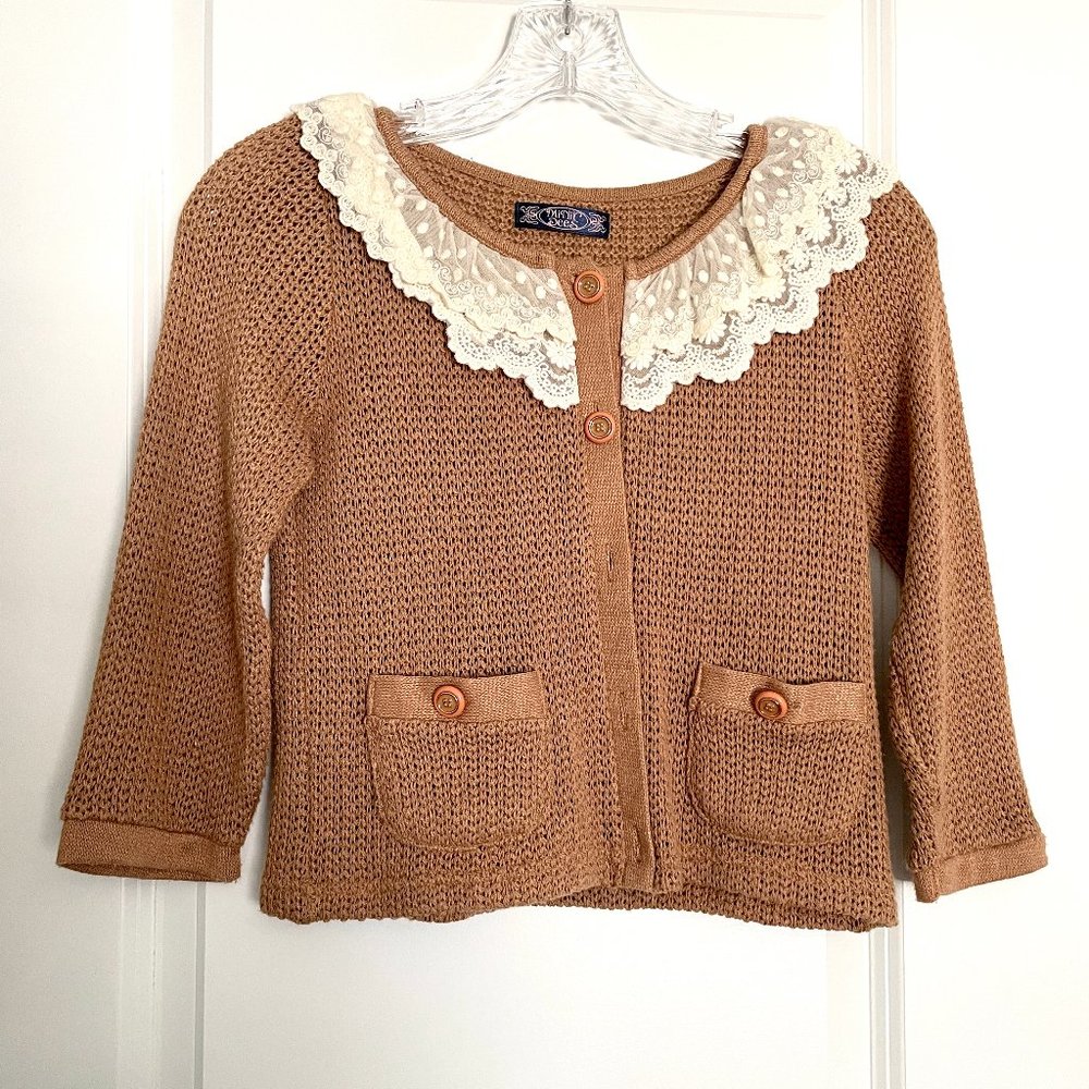 Japan Mini Dees Cute Short Cropped Brown Lace Cardigan